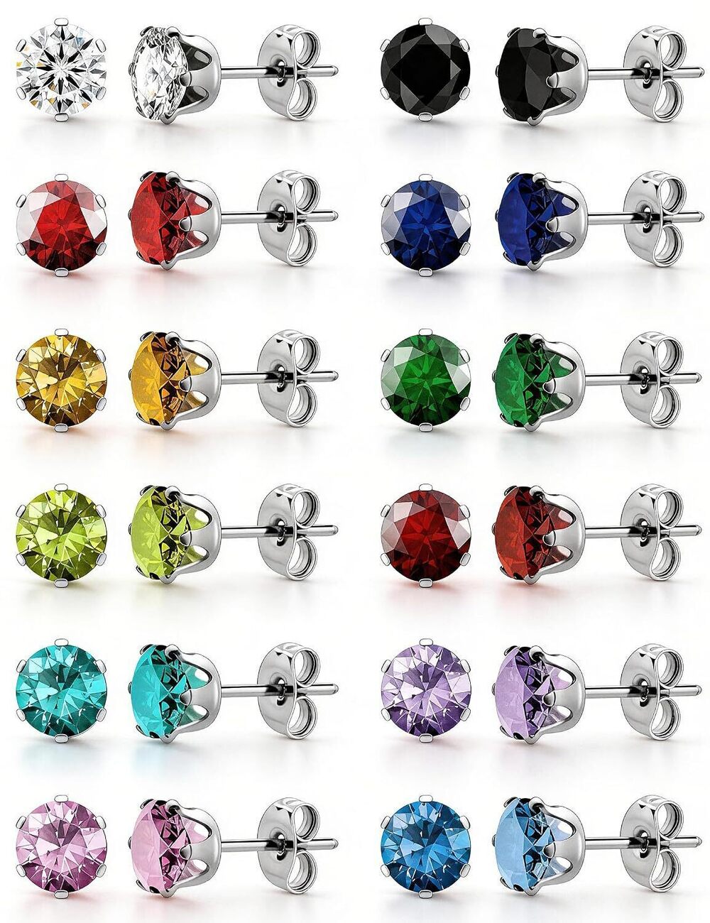 12 Pairs Hypoallergenic Surgical Steel Studs 12-Color Cubic Zirconia Earrings
